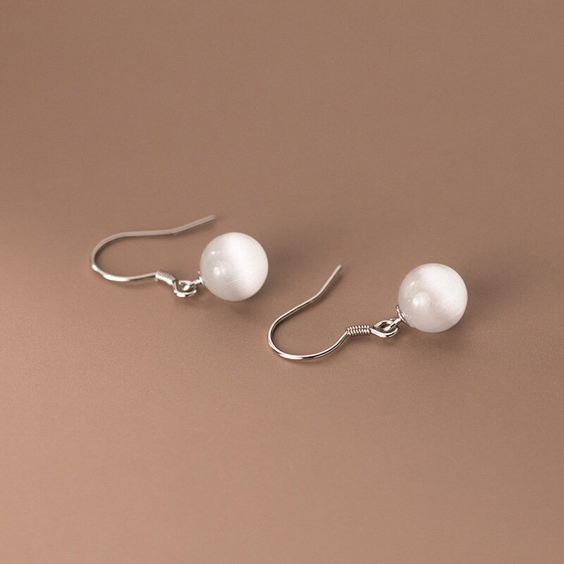 Sterling Silver Cat's Eye Hook Drop Earrings, Simulated Moonstone Drop Earrings, Minimalist Stone Hook Earrings, Gift for Her, E287