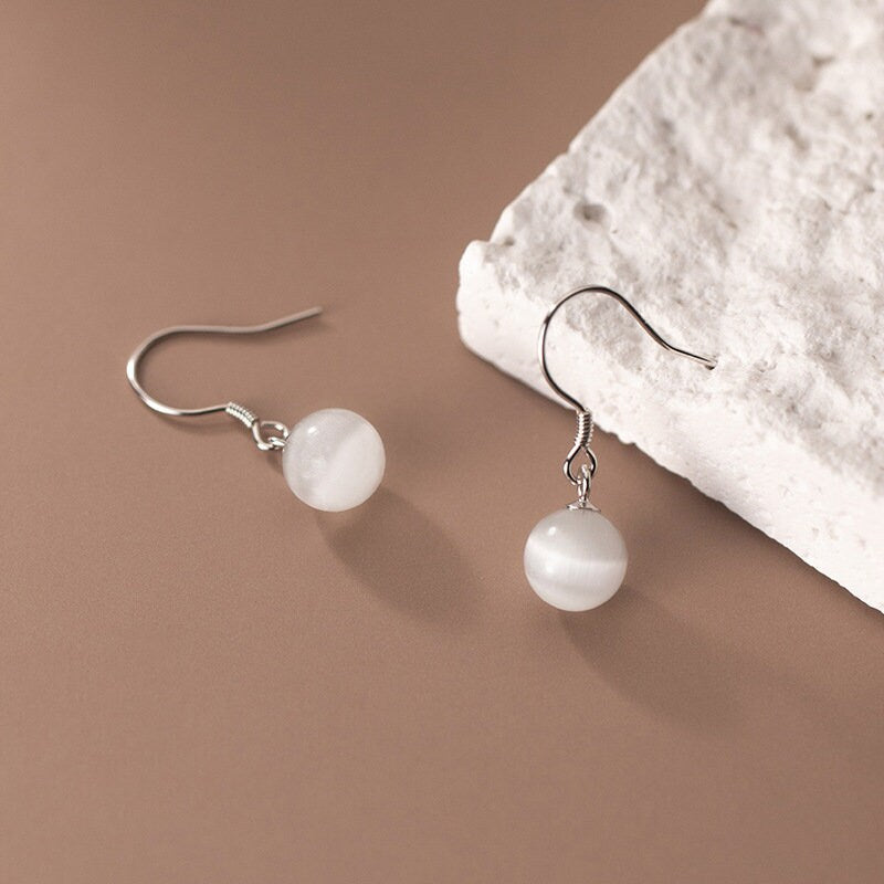 Sterling Silver Cat's Eye Hook Drop Earrings, Simulated Moonstone Drop Earrings, Minimalist Stone Hook Earrings, Gift for Her, E287