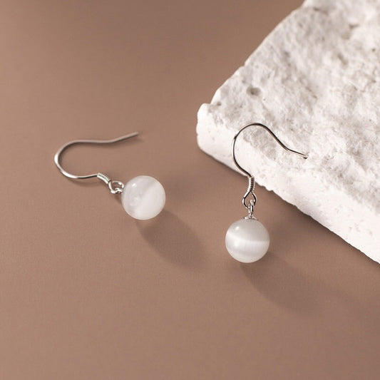 Sterling Silver Cat's Eye Hook Drop Earrings, Simulated Moonstone Drop Earrings, Minimalist Stone Hook Earrings, Gift for Her, E287