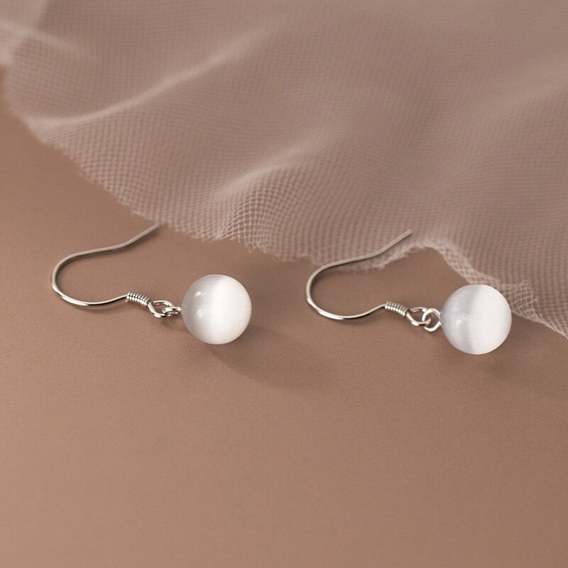 Sterling Silver Cat's Eye Hook Drop Earrings, Simulated Moonstone Drop Earrings, Minimalist Stone Hook Earrings, Gift for Her, E287