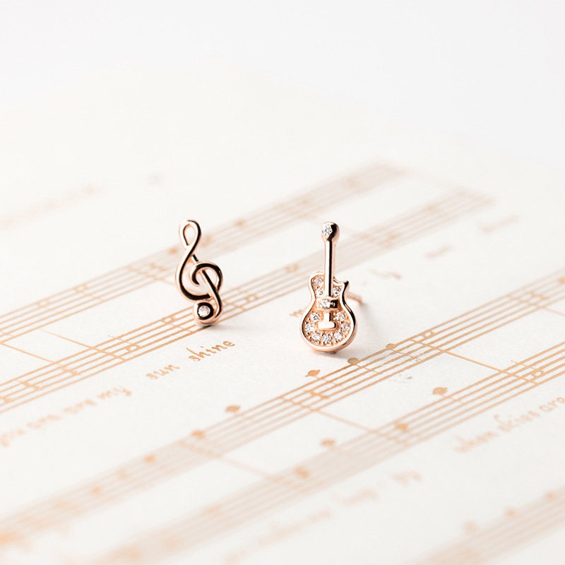 Dainty Guitar & Music Stud Earrings, Mismatched Music Earrings, Earrings for Music Lover, Minimalist, Silver or Rose Gold, Gift for her E283