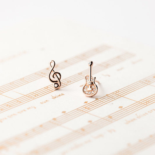 Dainty Guitar & Music Stud Earrings, Mismatched Music Earrings, Earrings for Music Lover, Minimalist, Silver or Rose Gold, Gift for her E283