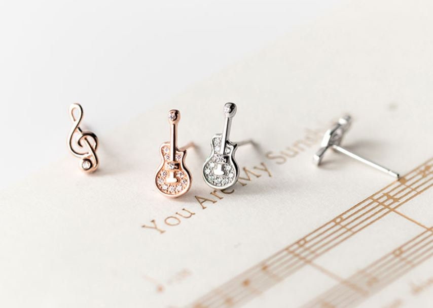 Dainty Guitar & Music Stud Earrings, Mismatched Music Earrings, Earrings for Music Lover, Minimalist, Silver or Rose Gold, Gift for her E283