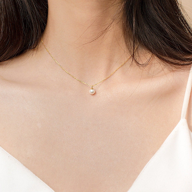 14k Gold over 925 Silver Tiny Pearl Necklace, Dainty Pearl Pendant, Gold Simulated Pearl Necklace, Minimalist Classic Pearl Necklace, N53