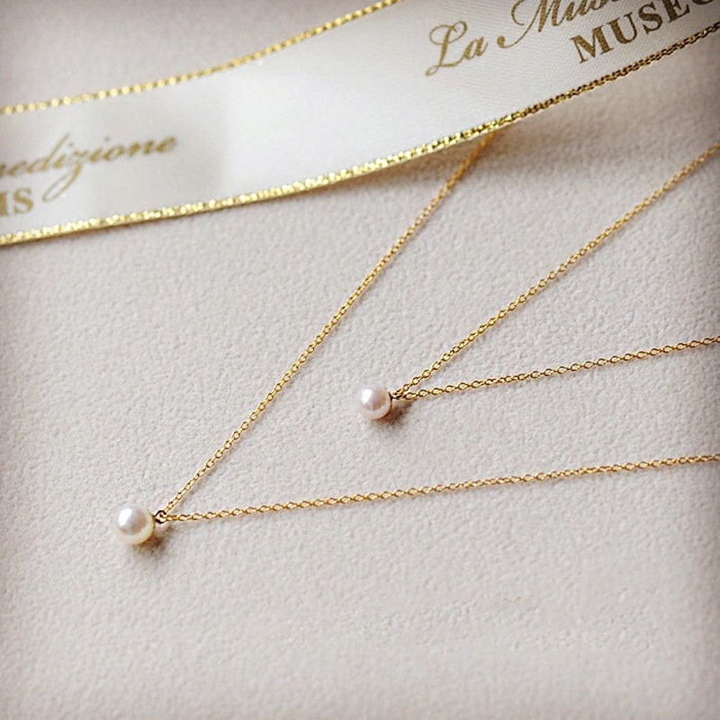 14k Gold over 925 Silver Tiny Pearl Necklace, Dainty Pearl Pendant, Gold Simulated Pearl Necklace, Minimalist Classic Pearl Necklace, N53