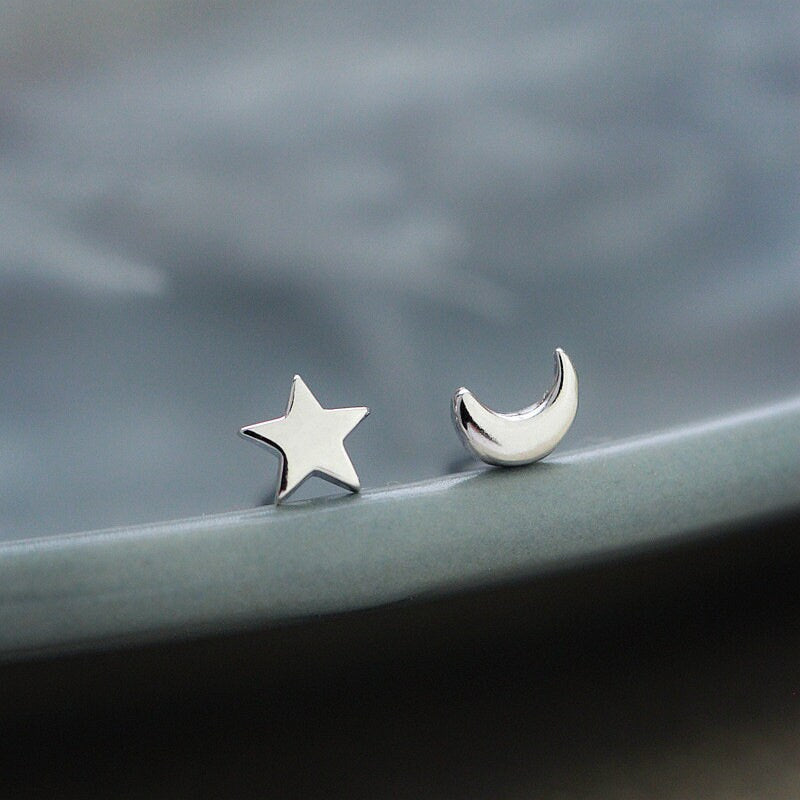 Sterling Silver Tiny Crescent Moon & Star Stud Earring, Tiny Silver Star Moon Earring, Mismatched Earrings, Minimalist Moon Star Studs, E183