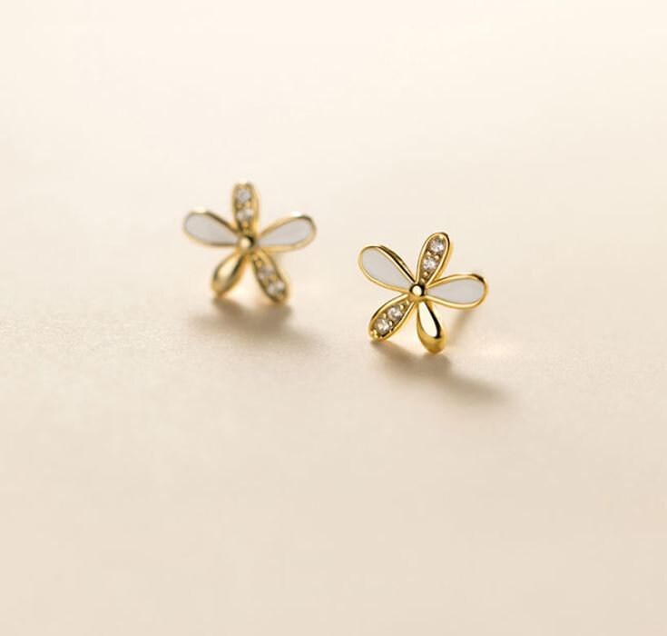 14K Gold Plated 925 Silver Delicate Flower Stud Earrings, CZ Flower Studs, Plant Earring, Sweet Pretty Design, Minimalist Studs, Gift,  E290