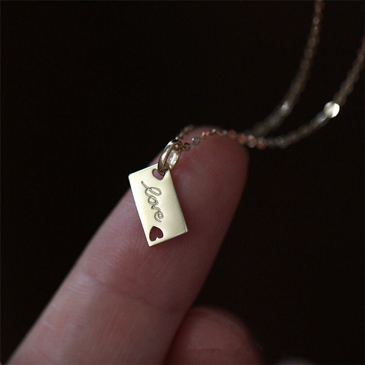 Love Letter Pendant Necklace, Gold Engraved Necklace, Hollow Heart Rectangle Pendant Perfect Gift for Her Friend Daughter Mom Girlfriend N52