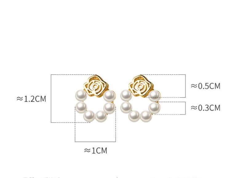 Dainty Rose Simulated Pearl Circle Earrings, Gold Plated 925 Silver Wreath Pearl Studs, Flower Pearl Circle Earring, Christmas earring E267