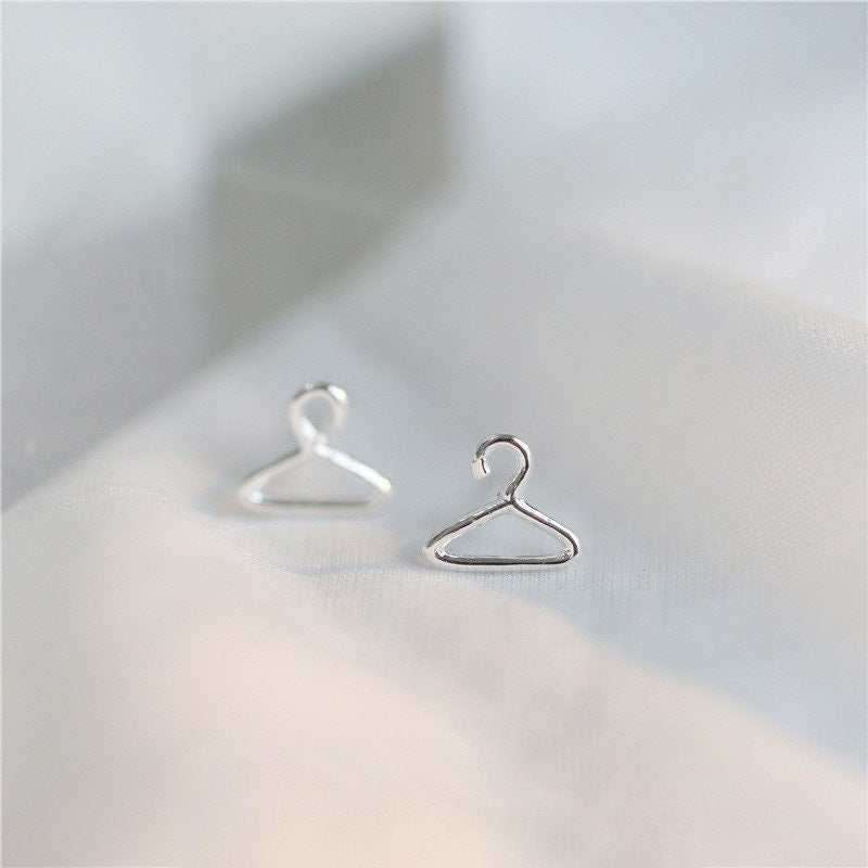 Sterling Silver Coat Hanger Stud Earrings, Clothes Hanger Earring, Silver Hanger Studs, Unique Earrings, Minimalist Earrings, Gifts, E296