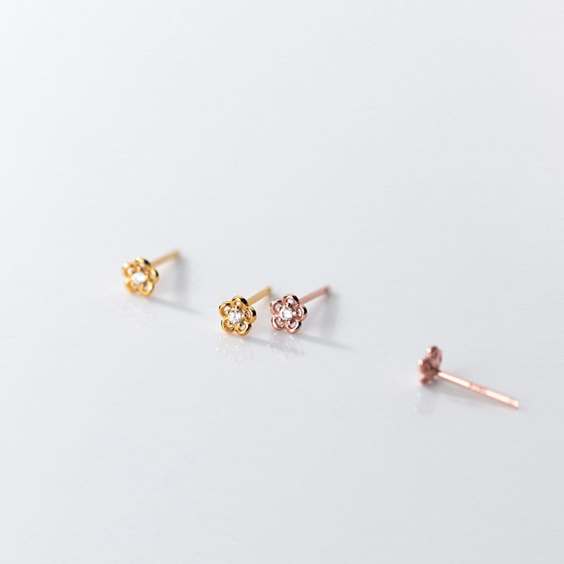 S925 Silver Extra Tiny Flower Stud Earrings, Dainty CZ Flower Studs, Gold Flower Earring, Minimalist Plant Studs, Three Color Avaiable, E298