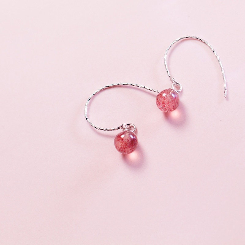 Sterling Silver Strawberry Quartz Drop Hook Earrings, Gemstone Hook Earring, Natural Strawberry Quartz Dangle Earring,  Minimalist, E305