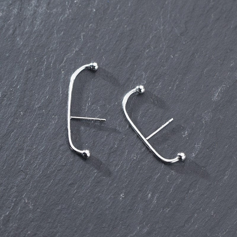 Sterling Silver Geometric Earrings, Ball Arc-shaped Earring, Statement Earrings, Minimalist Earring, Unique Earring, E309