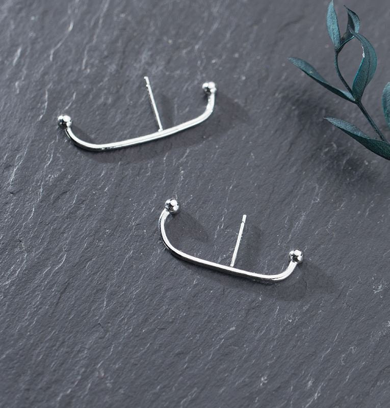 Sterling Silver Geometric Earrings, Ball Arc-shaped Earring, Statement Earrings, Minimalist Earring, Unique Earring, E309