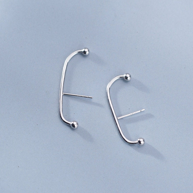 Sterling Silver Geometric Earrings, Ball Arc-shaped Earring, Statement Earrings, Minimalist Earring, Unique Earring, E309