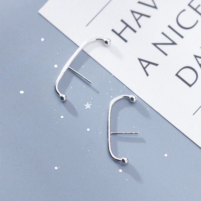 Sterling Silver Geometric Earrings, Ball Arc-shaped Earring, Statement Earrings, Minimalist Earring, Unique Earring, E309