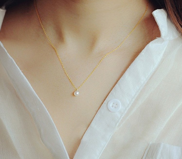 14k Gold over 925 Silver Tiny Pearl Necklace, Dainty Pearl Pendant, Gold Simulated Pearl Necklace, Minimalist Classic Pearl Necklace, N53