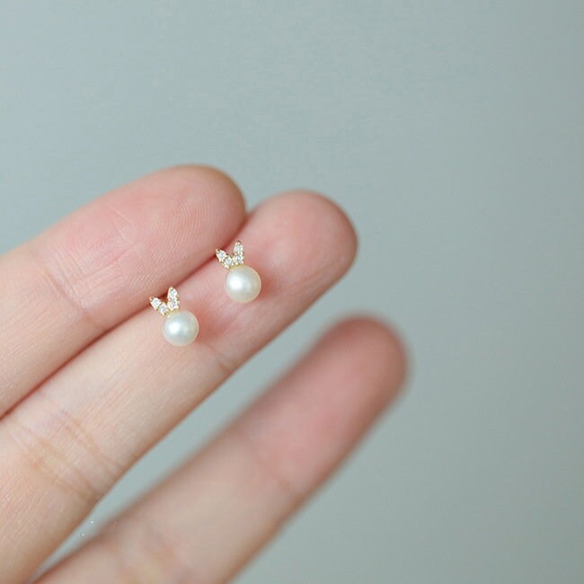 14k Gold Plated Sterling Silver Pearl Bunny-shaped Stud Earrings, Dainty Tiny Rabbit Earrings, Cute Bunny Studs, Animal Earrings, Gift, E311