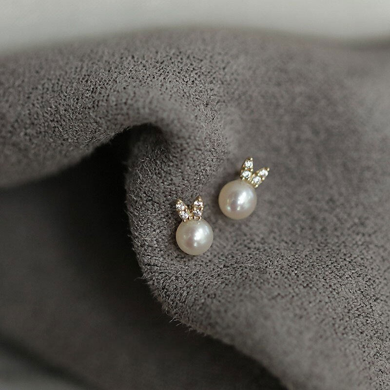 14k Gold Plated Sterling Silver Pearl Bunny-shaped Stud Earrings, Dainty Tiny Rabbit Earrings, Cute Bunny Studs, Animal Earrings, Gift, E311