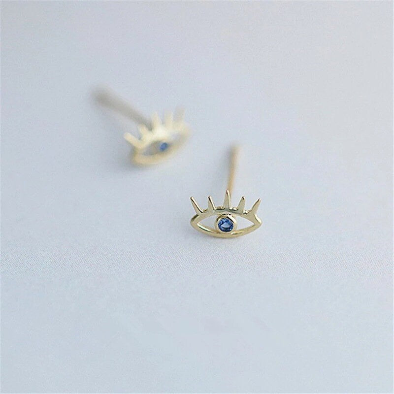 Dainty CZ Blue Eye & Eyelashes Stud Earrings, Blue CZ Earring, Gold Studs, Gold Earring, Unique Earrings, Minimalist Earring, E312