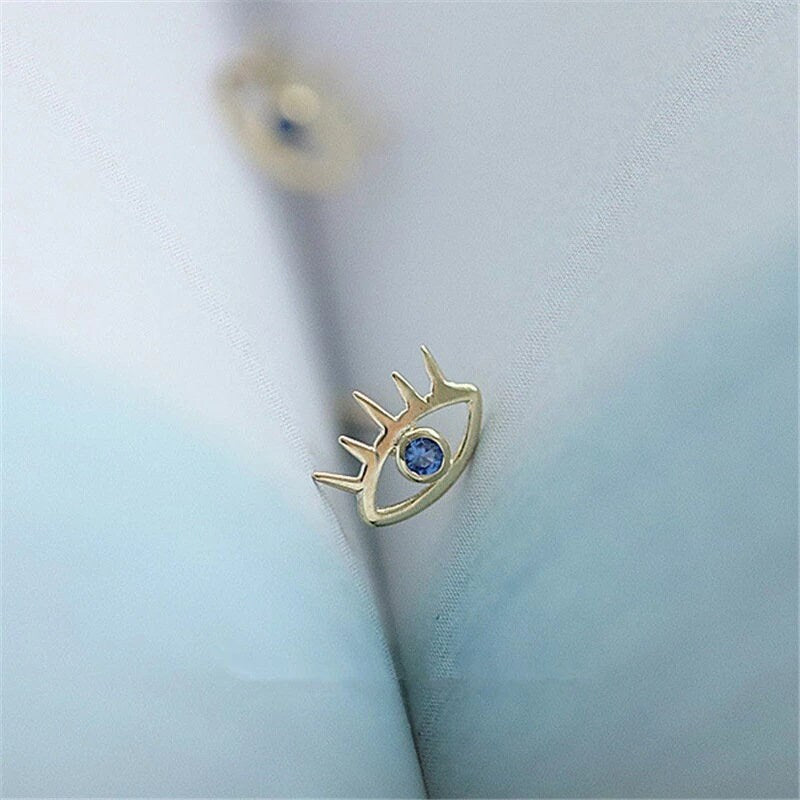 Dainty CZ Blue Eye & Eyelashes Stud Earrings, Blue CZ Earring, Gold Studs, Gold Earring, Unique Earrings, Minimalist Earring, E312