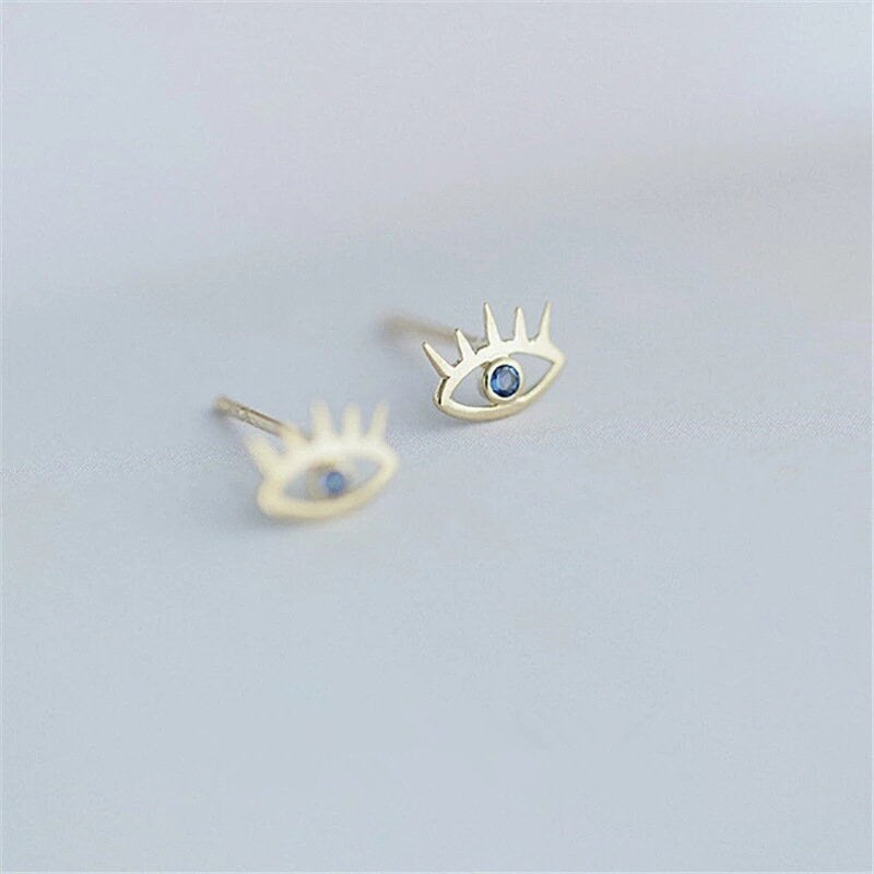 Dainty CZ Blue Eye & Eyelashes Stud Earrings, Blue CZ Earring, Gold Studs, Gold Earring, Unique Earrings, Minimalist Earring, E312