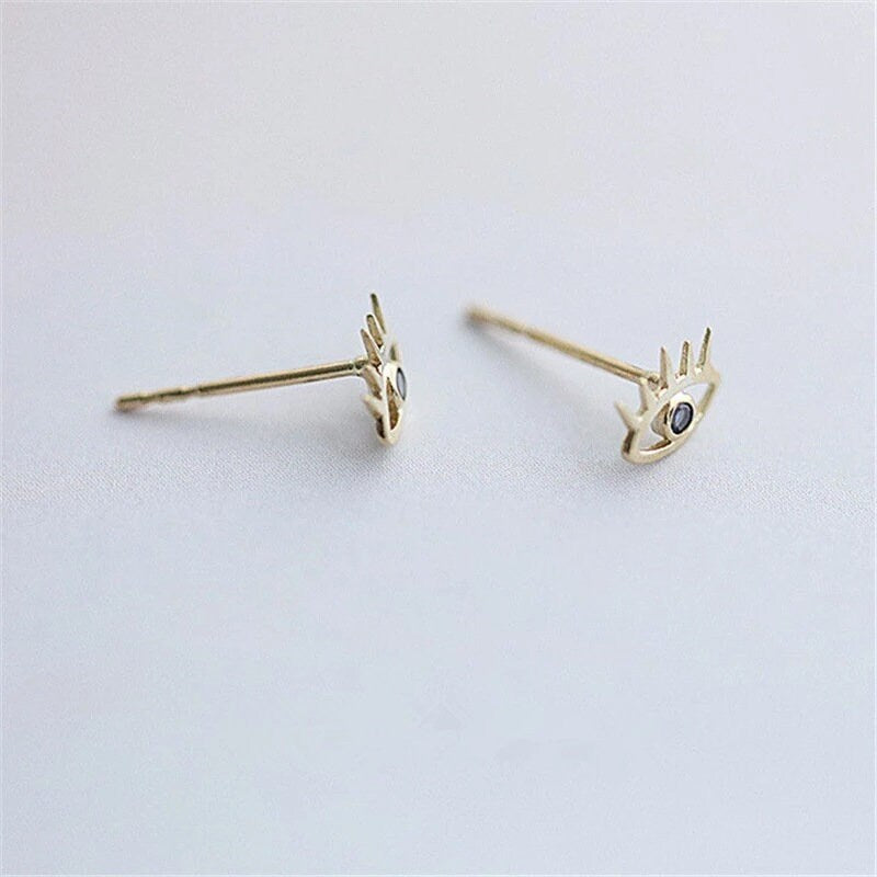 Dainty CZ Blue Eye & Eyelashes Stud Earrings, Blue CZ Earring, Gold Studs, Gold Earring, Unique Earrings, Minimalist Earring, E312