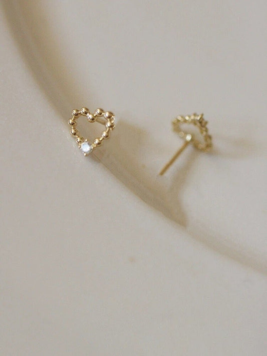 Dainty Gold CZ Heart Stud Earrings, 14k Gold Plated 925 Silver Heart Earrings, Ball Hollow-out Heart Earring, Minimalist Heart Studs, E314