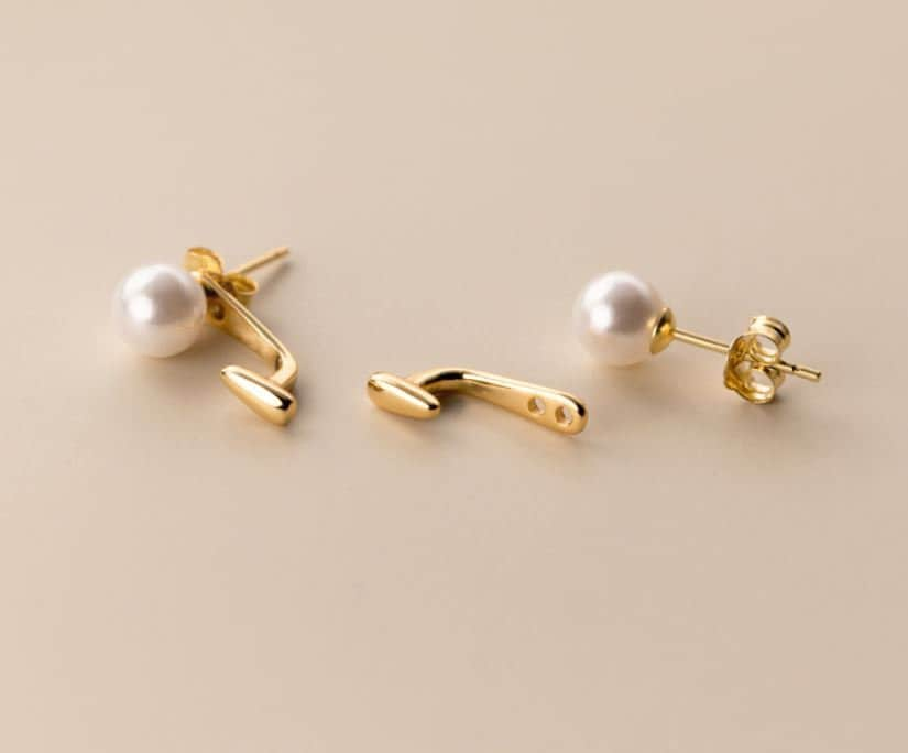 14k Gold Plated 925 Silver Pearl Ear Jacket, Gold Simulated Pearl Ear Jacket Earring, Front Back Earrings, Minimalist Pearl Earring, E295