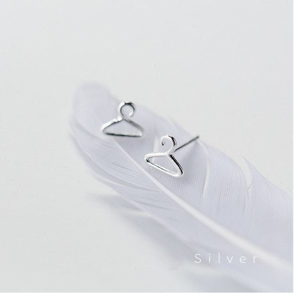 Sterling Silver Coat Hanger Stud Earrings, Clothes Hanger Earring, Silver Hanger Studs, Unique Earrings, Minimalist Earrings, Gifts, E296