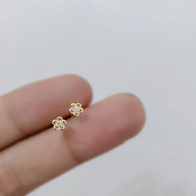 S925 Silver Extra Tiny Flower Stud Earrings, Dainty CZ Flower Studs, Gold Flower Earring, Minimalist Plant Studs, Three Color Avaiable, E298