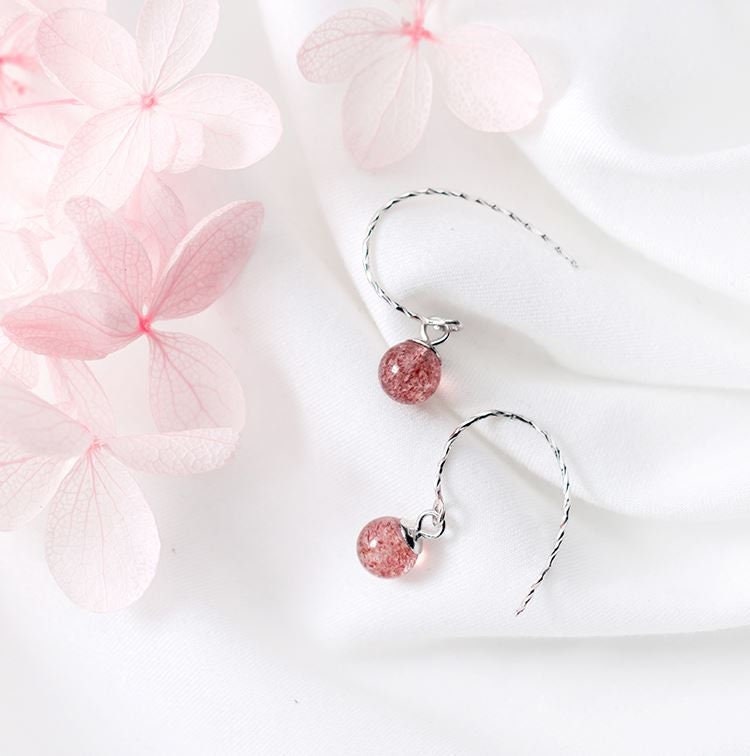 Sterling Silver Strawberry Quartz Drop Hook Earrings, Gemstone Hook Earring, Natural Strawberry Quartz Dangle Earring,  Minimalist, E305