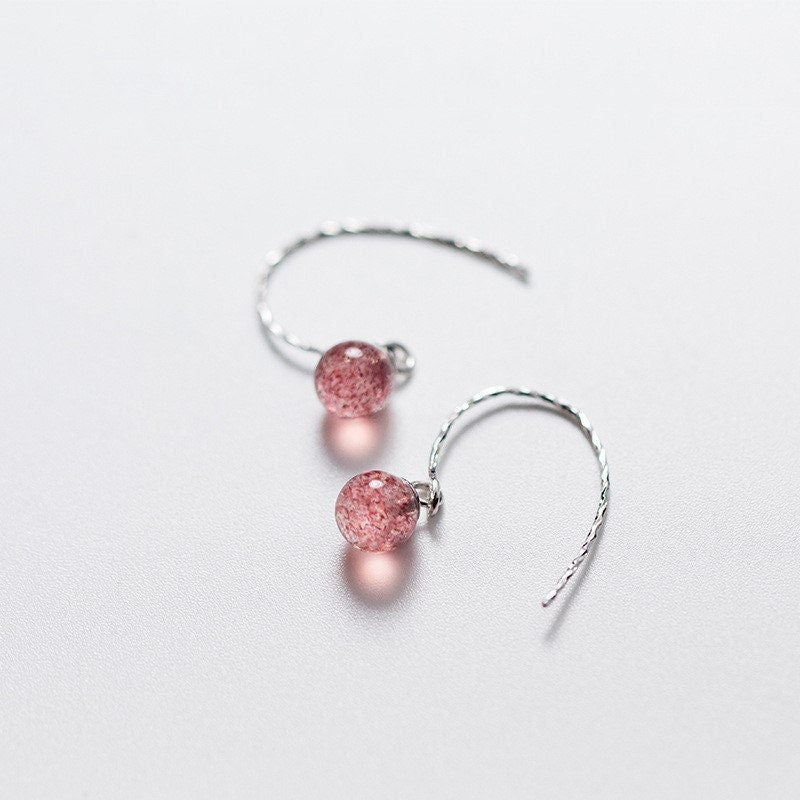 Sterling Silver Strawberry Quartz Drop Hook Earrings, Gemstone Hook Earring, Natural Strawberry Quartz Dangle Earring,  Minimalist, E305