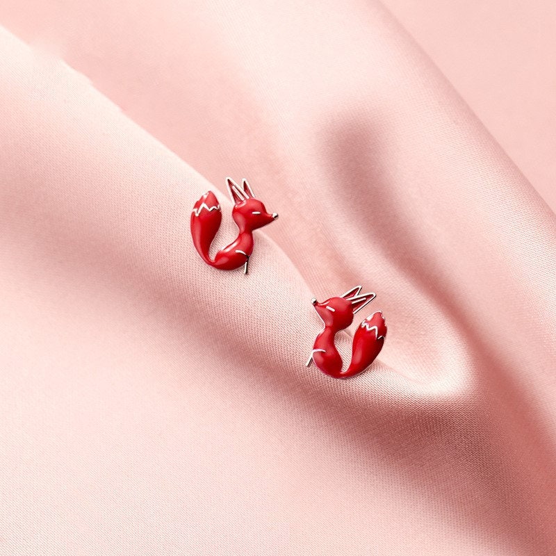 Sterling Silver Fox in Red Stud Earrings, Lovely Animal Earrings, Fox-lover Earrings, Minimalist Red Earring, Pretty and Sweet Design, E308