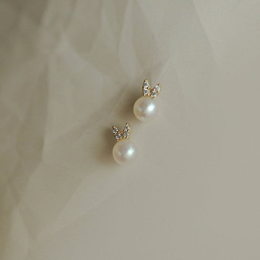 14k Gold Plated Sterling Silver Pearl Bunny-shaped Stud Earrings, Dainty Tiny Rabbit Earrings, Cute Bunny Studs, Animal Earrings, Gift, E311