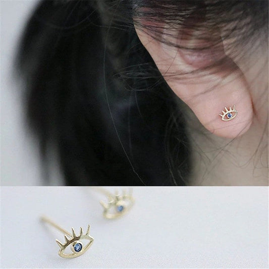 Dainty CZ Blue Eye & Eyelashes Stud Earrings, Blue CZ Earring, Gold Studs, Gold Earring, Unique Earrings, Minimalist Earring, E312