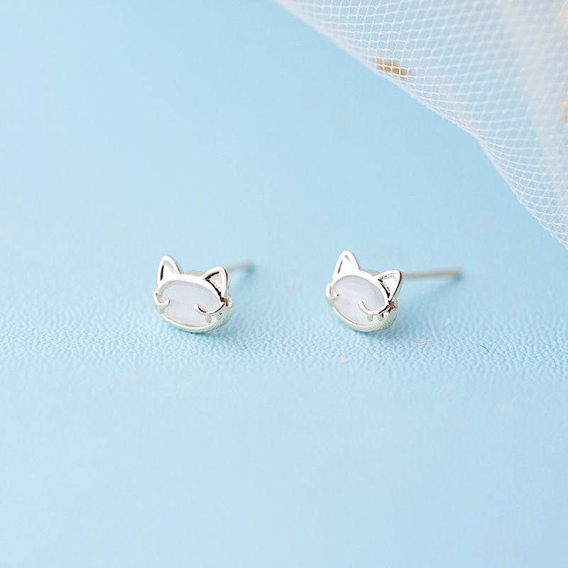 Champagne Gold Cute Cat Opal Earrings, 14k Rose Gold Plated 925 Silver Adorable Kitty Studs, Kitten Earring, Minimalist Animal Earring, E258