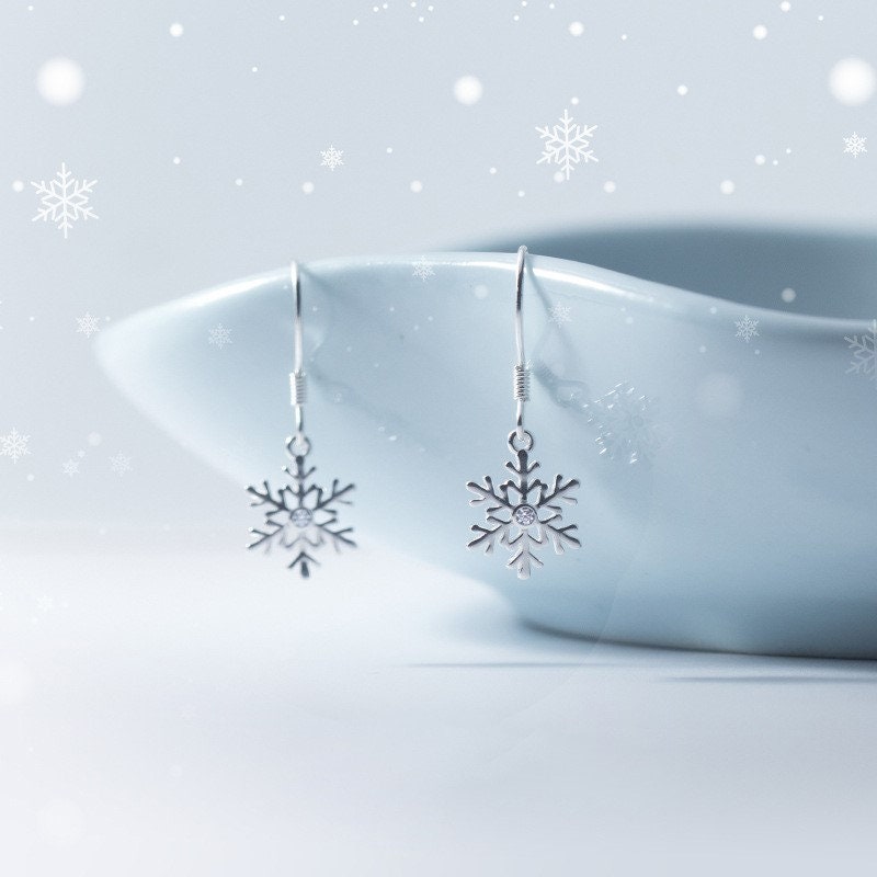 Sterling Silver Snowflake Hook Earrings, Christmas Earring, Snowflake Drop Hook Earring, Snowflake Dangle Earrings, Minimalist Earring, E327