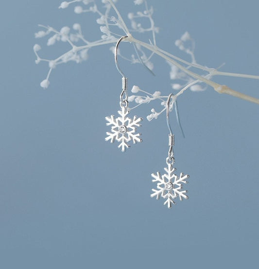 Sterling Silver Snowflake Hook Earrings, Christmas Earring, Snowflake Drop Hook Earring, Snowflake Dangle Earrings, Minimalist Earring, E327