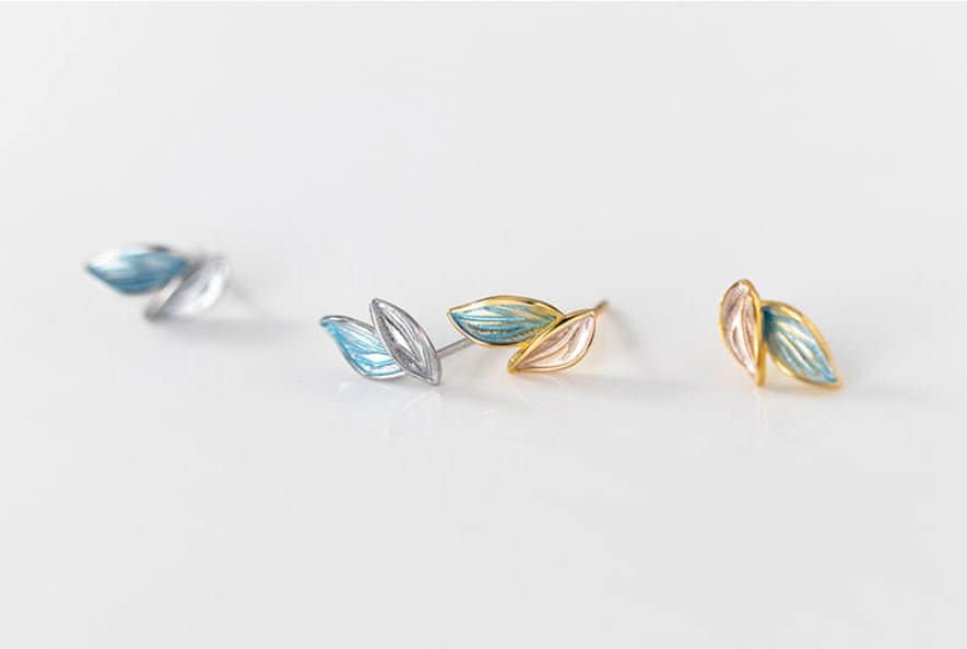 14k Gold Plated 925 Silver Dainty Bi-color Leaf Earrings, Blue Leaf Earrings, Twig Studs, Plant Earrings, Branch Earrings, Minimalist, E145