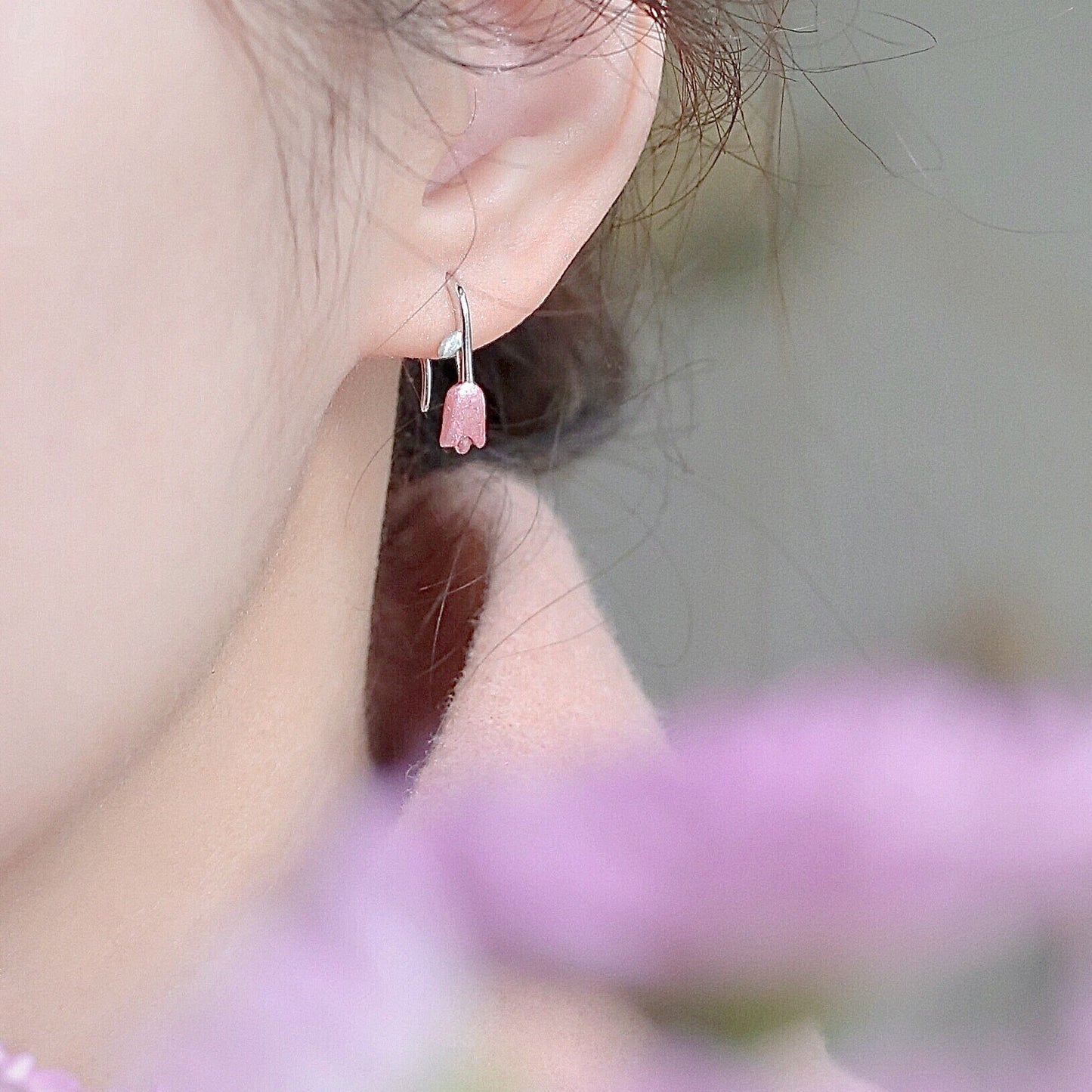 S925 Silver Pink Tulip Hook Earrings, Tulip Dangle Earring, Enamel Tulip Earrings, Tulip Climber/Crawler Earrings, Tulip Ear Cuff, SGE336