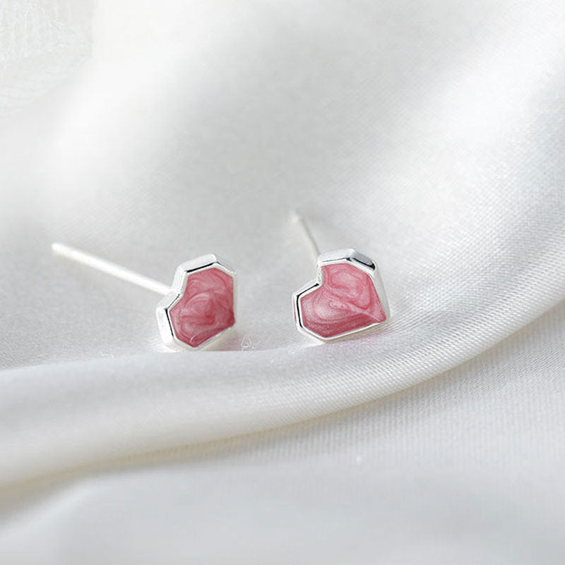 S925 Silver Pink Heart Stud Earring, Dainty Enamel Pink Heart Earrings, Minimalist Silver Heart Studs, Perfect gift for her, GE337