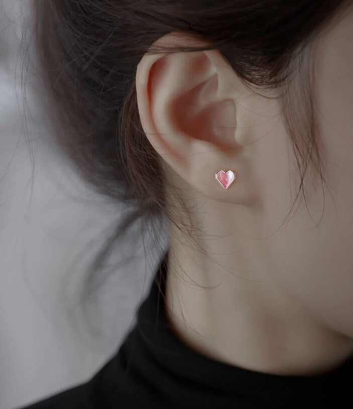 S925 Silver Pink Heart Stud Earring, Dainty Enamel Pink Heart Earrings, Minimalist Silver Heart Studs, Perfect gift for her, GE337