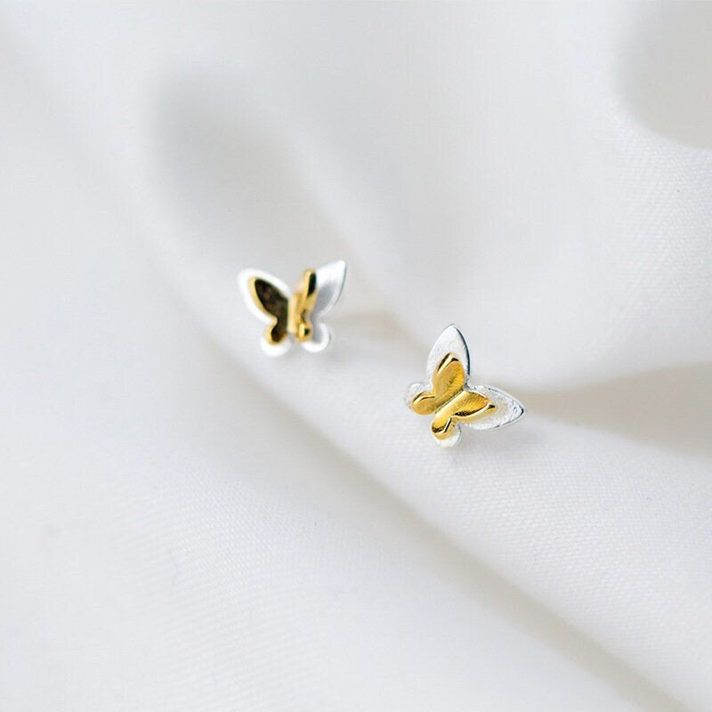 925 Silver Two-tone Butterfly Stud Earring, Silver Butterfly Earrings, Two Butterflies Studs, Sweet and Pretty Design, Gift for her, E343