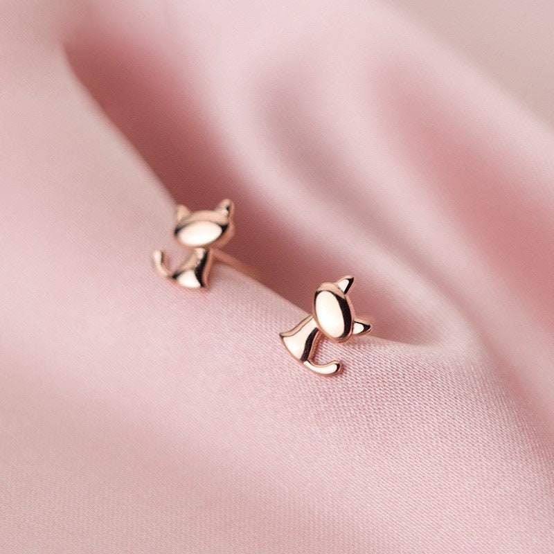 Rose Gold Adorable Cat Stud Earring, 925 Silver Cute Kitty Earrings, Dainty Kitten Earrings, Cat-lover Earrings, Perfect Gift for her, E346