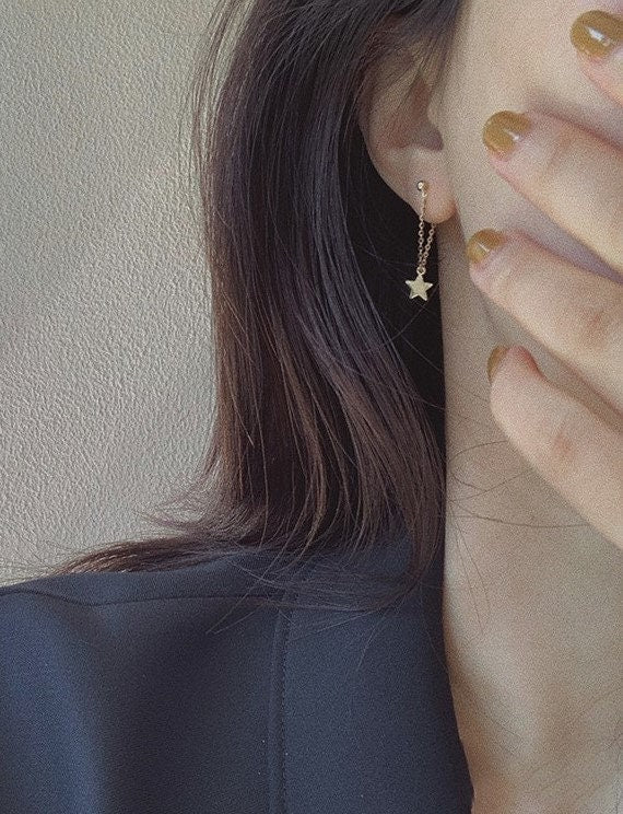 Gold Star Threader Drop & Dangle Earrings, Gold Plated Silver Star Tassel Dangle Earrings, Minimalist Threader Earrings, Gift for her, E349