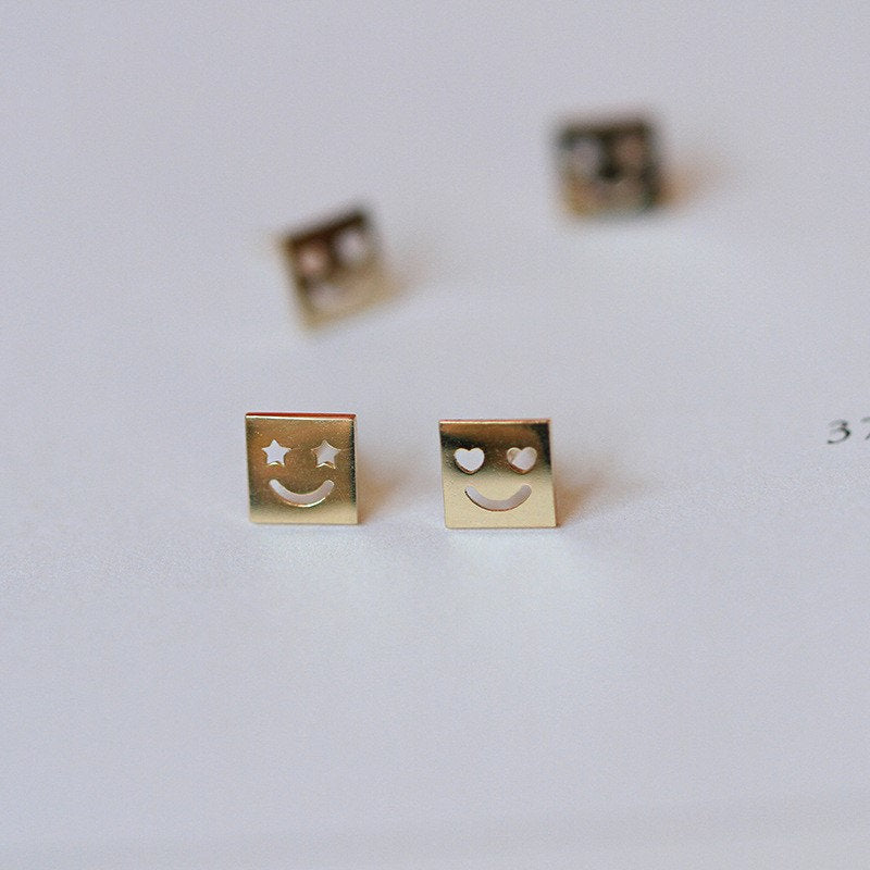 Love Face Earrings, Gold Moji Earrings, Smiley Face Earring, Mismatched Earring, Square Face Earring, Statement Earrings, Gift for her, E334