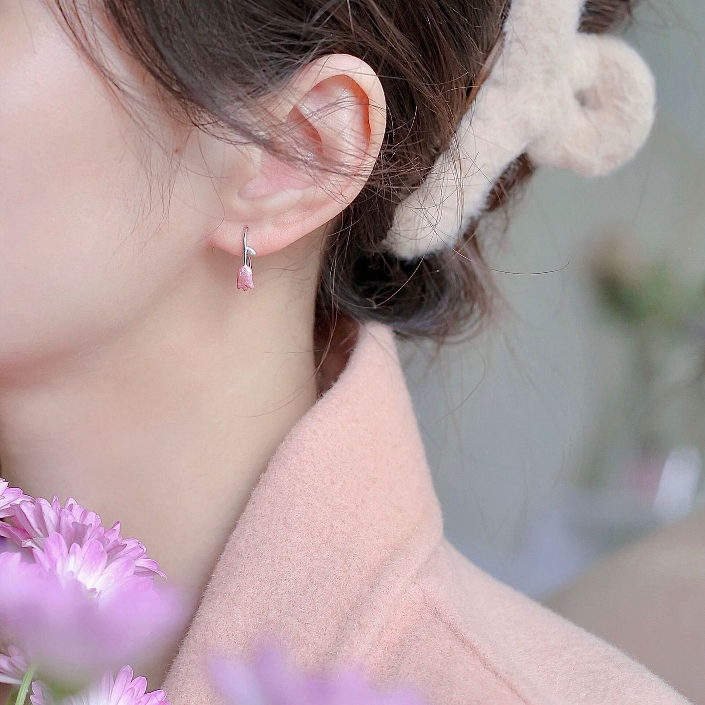 S925 Silver Pink Tulip Hook Earrings, Tulip Dangle Earring, Enamel Tulip Earrings, Tulip Climber/Crawler Earrings, Tulip Ear Cuff, SGE336