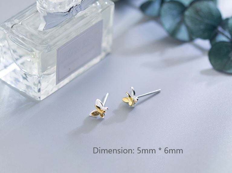 925 Silver Two-tone Butterfly Stud Earring, Silver Butterfly Earrings, Two Butterflies Studs, Sweet and Pretty Design, Gift for her, E343