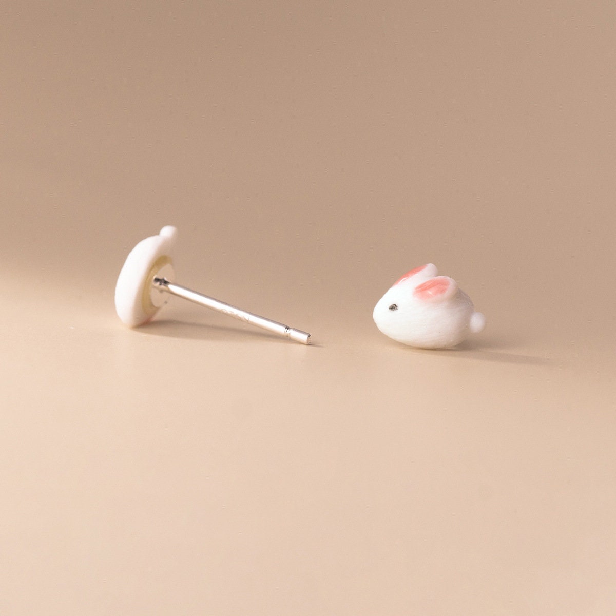 925 Silver Tiny Ceramics Bunny Stud Earring, Small Bunny Earrings, White Rabbit Earrings, Animal-lover Earrings, Gift for her, E351